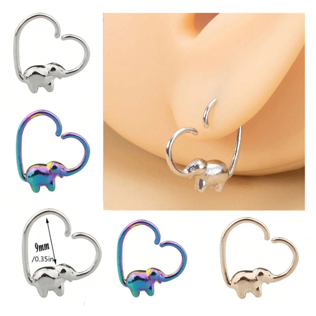 

1/3pcs 18G Fashion Cute Elephant Heart-shaped Cartilage Earrings,Daith Tragus Earring Body Hypoallergenic Piercing Jewelry
