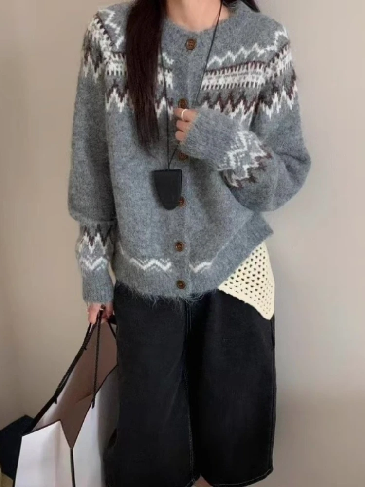 

Autumn Winter New Fashion Knitted Women Cardigan Retro Jacquard Long Sleeve Sweater Casual Loose Knit O-neck Single-Breasted Top