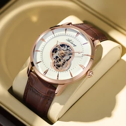 Men's leather strap brand luxury waterproof ultra thin hollow-out casual automatic mechanical watch for men sports wristwatch