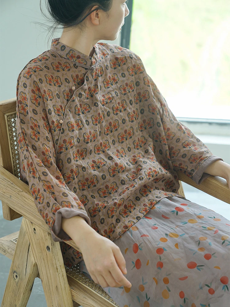 

Женская льняная рубашка с длинным рукавом в китайском стиле, Новое поступление, весна 2025 года, винтажные свободные женские повседневные топы с цветочным принтом M1374