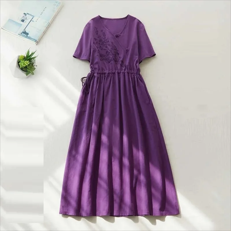 

Literary Retro Cotton Dresses for Women 2024 New V-Neck High Waist Drawstring Elegant Slim Dress Femme