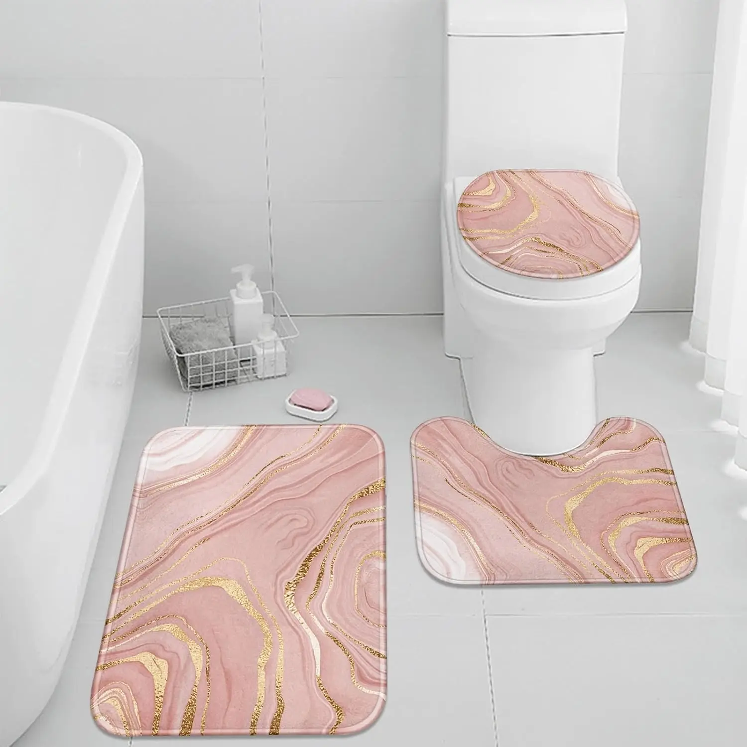 3PCS Pink Marble Bath Mat Set, Gold Rose Vintage Print, Peach Blush Non-Slip Washable Multi-Room Floor Decor Set