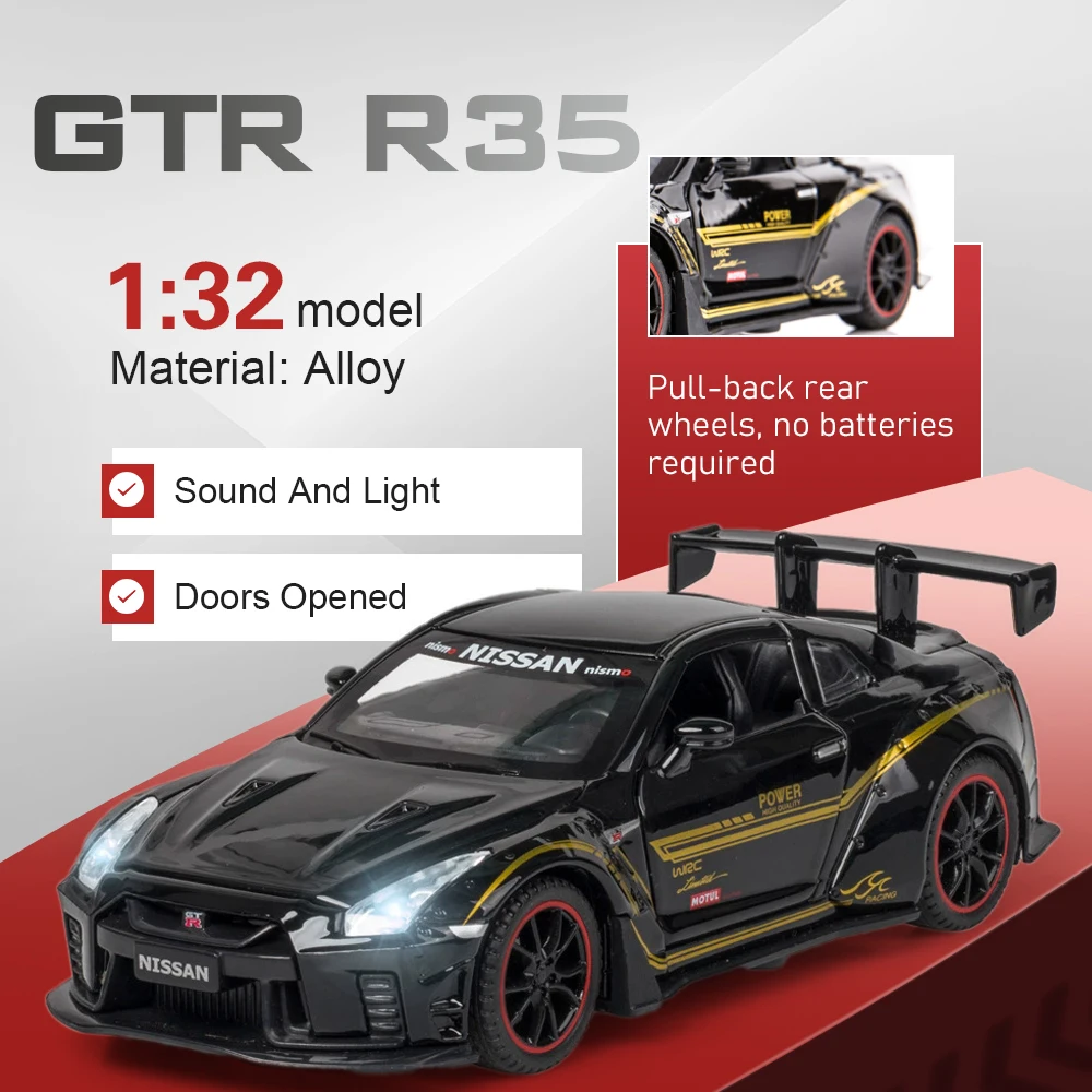1:32 Scale GTR R35 Car Model Toy Doors Opened Sound Light Cars Pull Back Rubber Tires Miniature Sports Cars for Kids Gifts