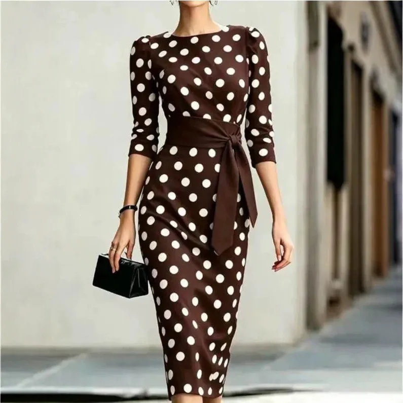 Summer Woman Dress Polka Dot Short Sleeve Dresses Slim Fit Pullover Maxi Dress Red Polka Dot Belted Long Dress Women's Midi
