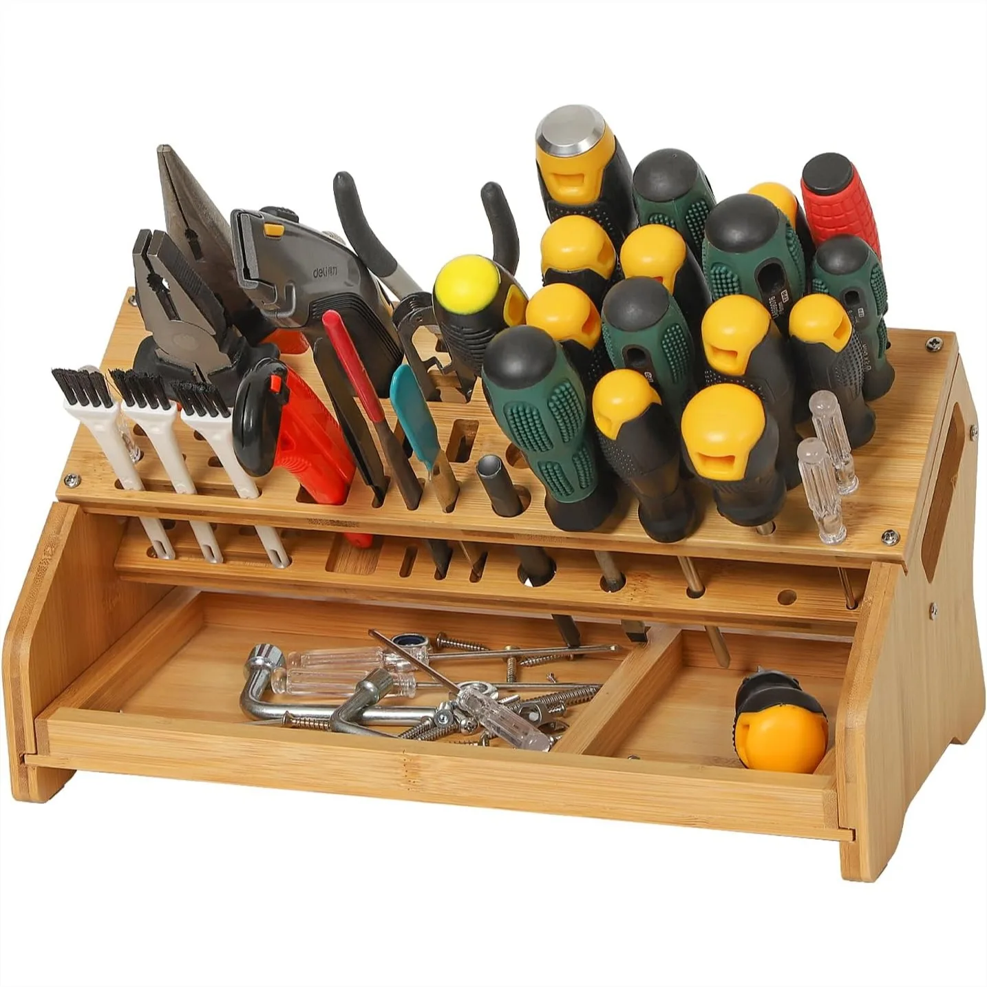 

Bamboo Screwdriver Organizer - 53 Slot Tool Storage Rack for Workbench, Hand Tool Holder with Tray, Space-Saving Desktop