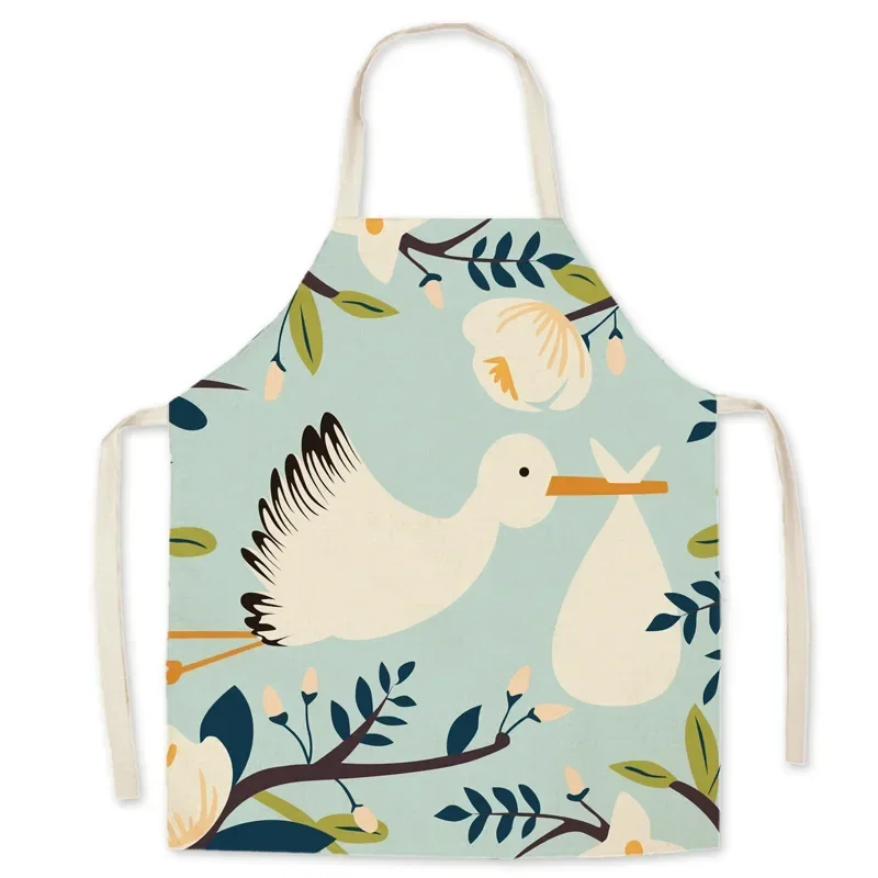 Women's Cleaning Tools Kitchen Aprons Cooking Aprons INS - Women's Tropical Leaf Printed Cotton Linen Apron, Waist Cooking Bib