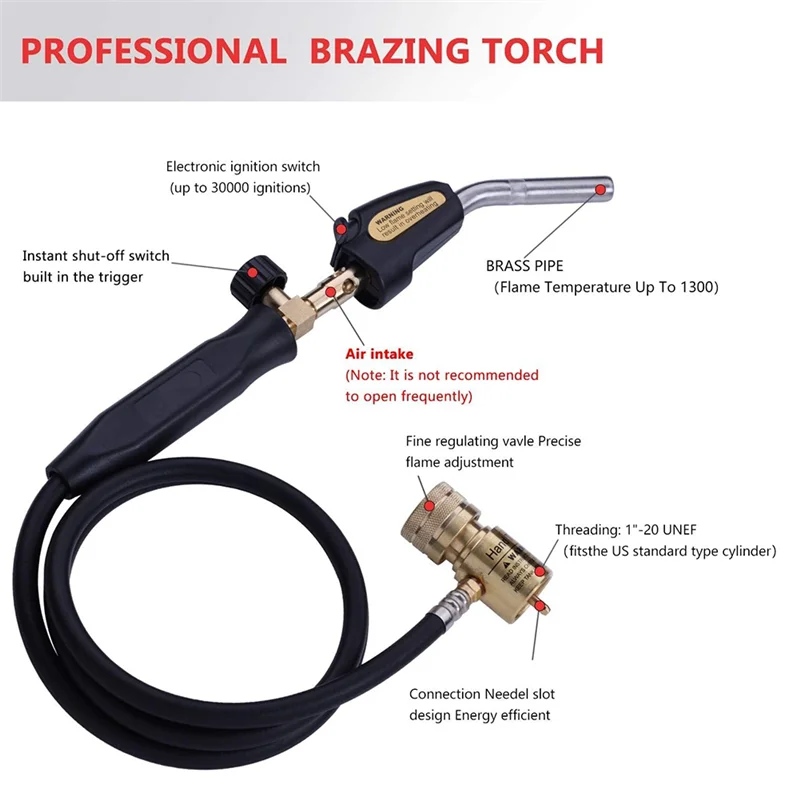 【HAPPYH】プロパントーチハンドホース、Mappガス溶接トーチ、ホース長さ1.5M/60インチ、最大温度1900 ℃ /3600 ℉   温度