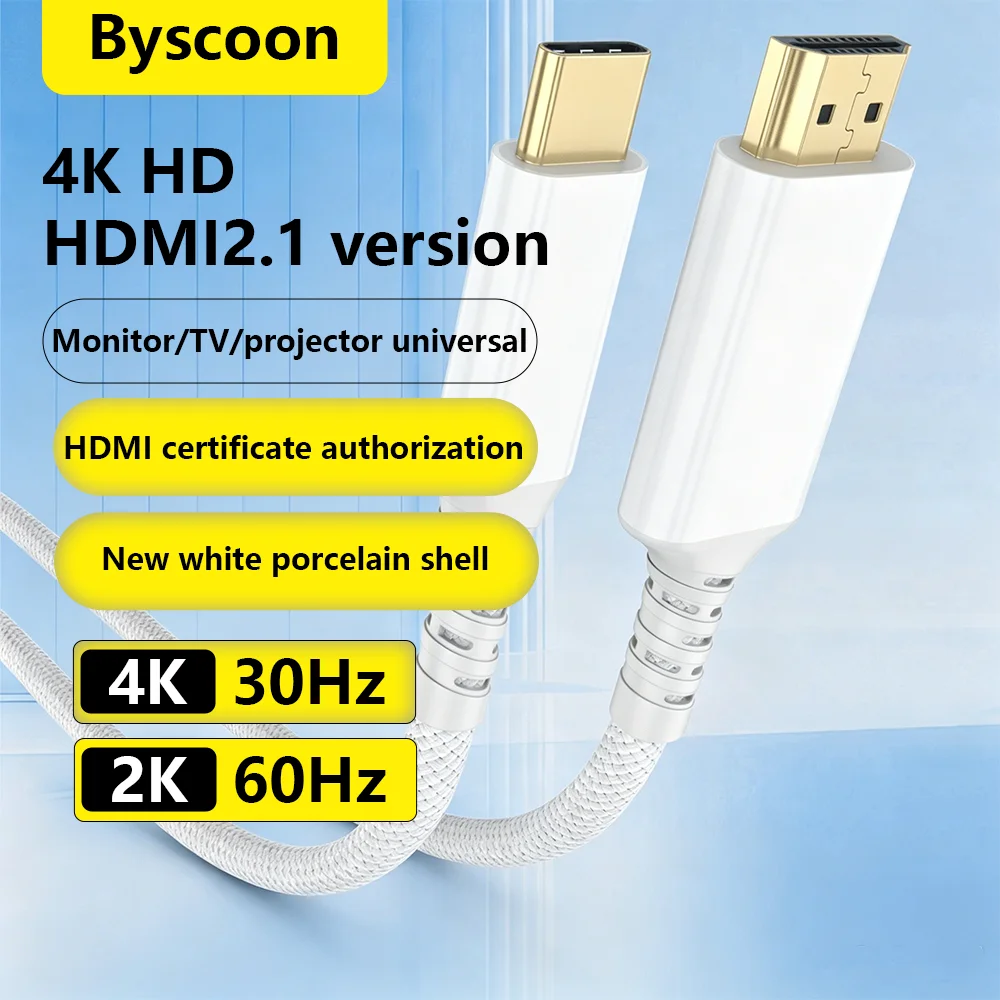Type C to HDMI Adapter Cable 4K 30Hz HD Video Converter Cable High Speed For Laptop iPhone TV Projector Display Screen Mirroring