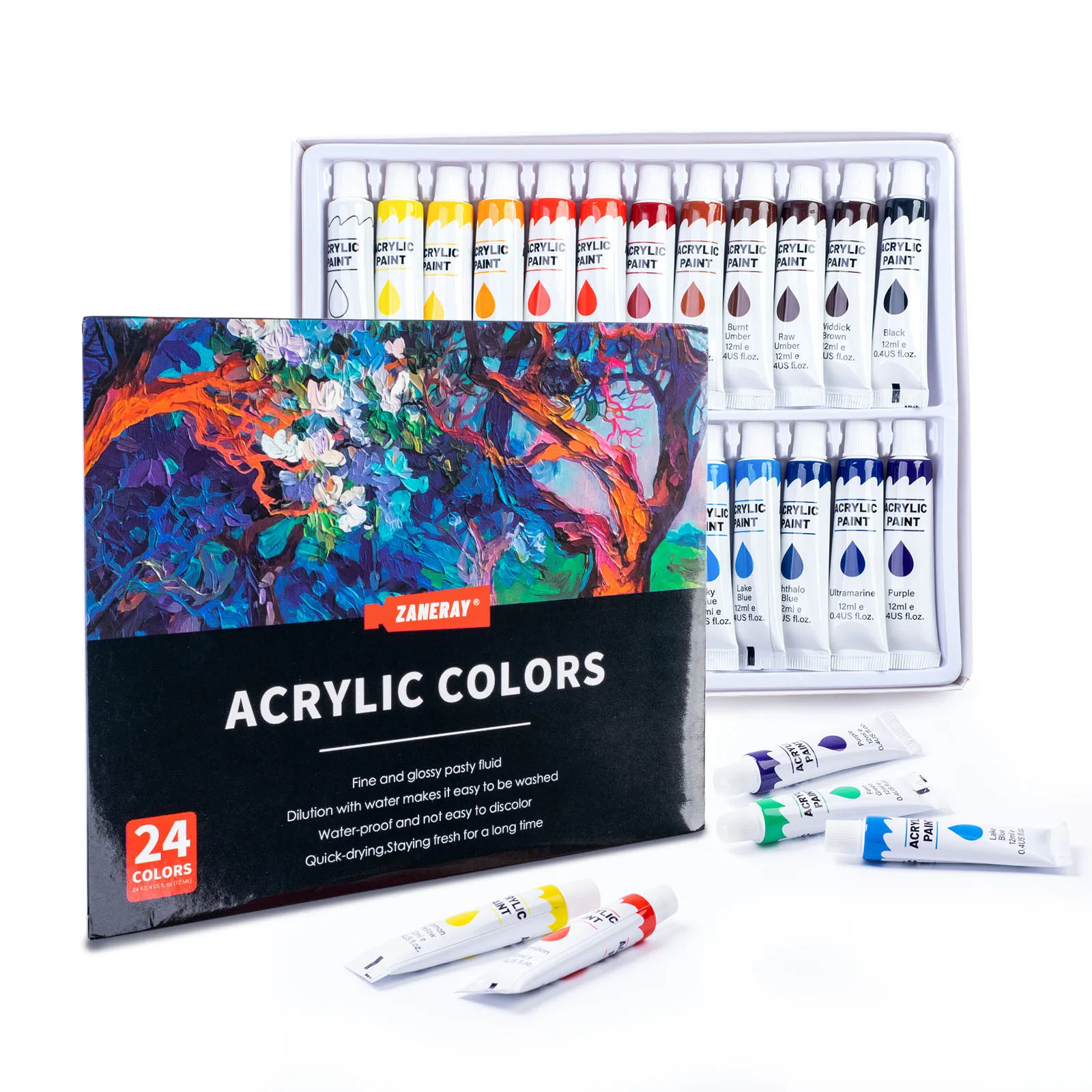 

Acrylic Paints Set 12/24 Colors Brush Set 12ml Tubes Watercolor Artist Drawing Painting Pigment Hand Painted DIY