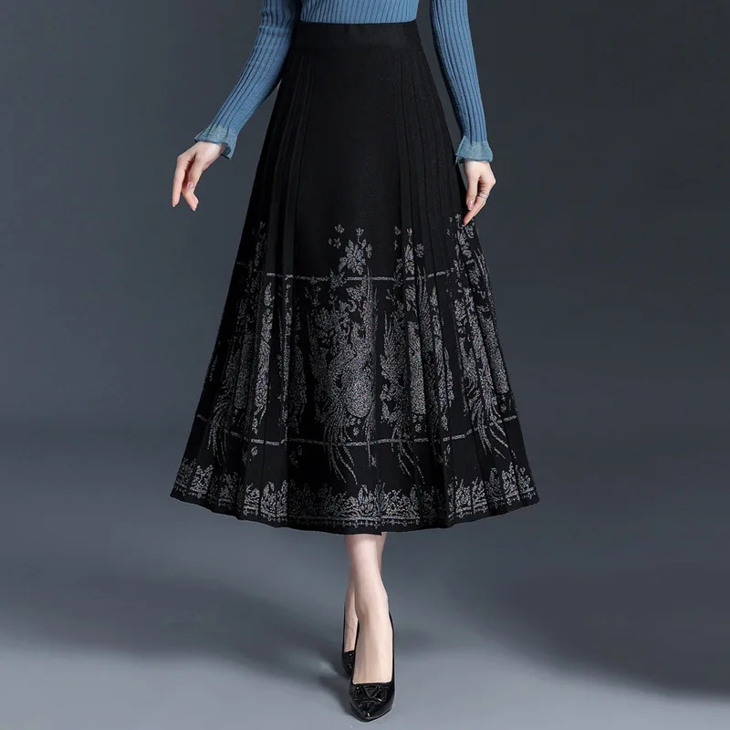 

Autumn Winter Knitted Embroidered Chinese Style Elegant Pleated Skirt Women High Waist Casual Loose Big Hem Long Skirts 6705