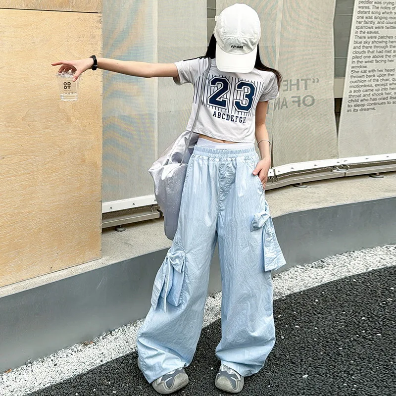 2025 Summer New Girl's Cargo Pants with Bow Child Summer Breathable Casual Pants Kids' Loose Straight Leg Sweatpants Trousers