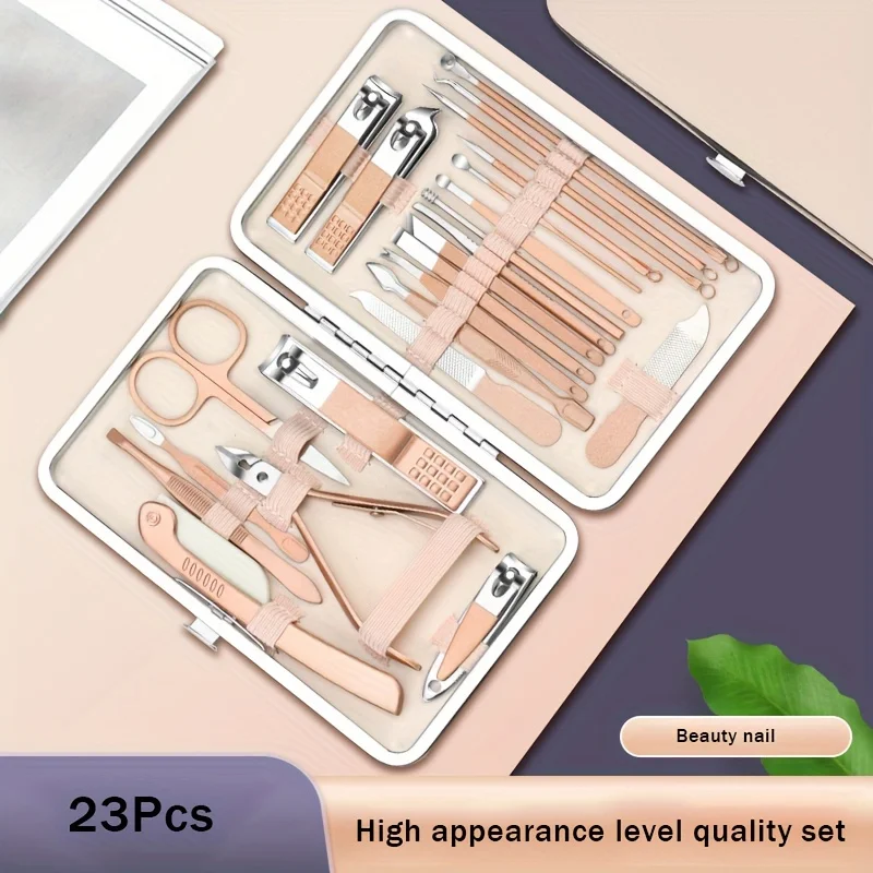 18/23Pcs Set Rose Gold Stainless Nail Art Tools Kits Nail Clipper Cutter Trimmer EarPick Grooming Kit
