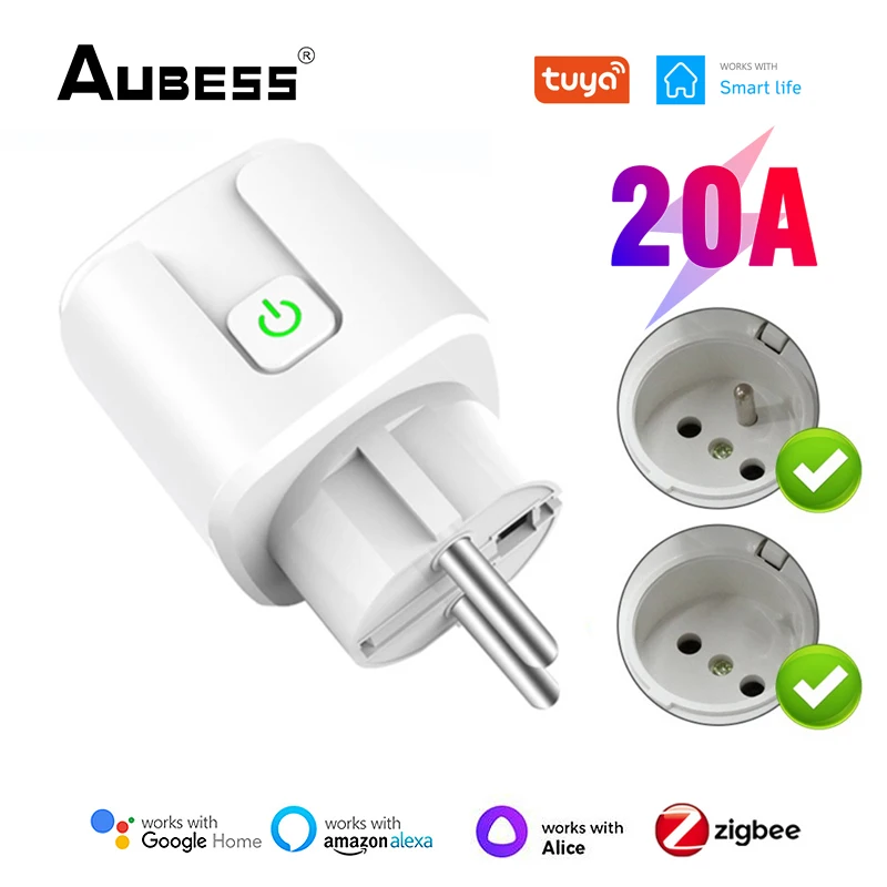 Умная розетка Aubess Zigbee 20A, ЕС смарт-розетка с/без таймера мониторинга мощности, голосовое управление через Alexa Google Home Яндекс