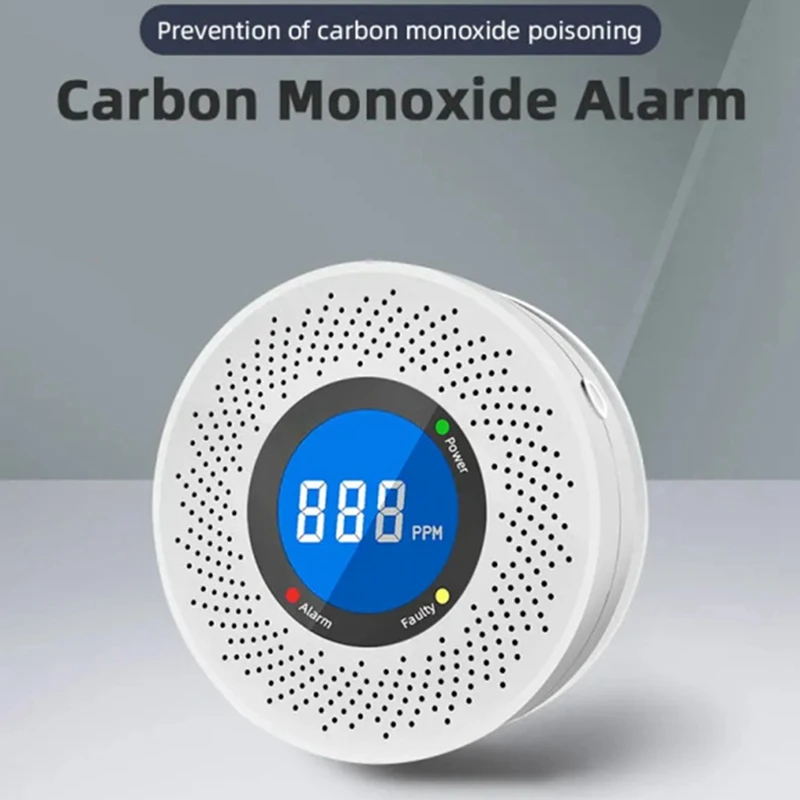 Monóxido de carbono Standalone Detector, CO Alarme com tela de exibição, Alimentado por pilhas, Plástico branco, Casa, Cozinha, Escritório, 1 Pc