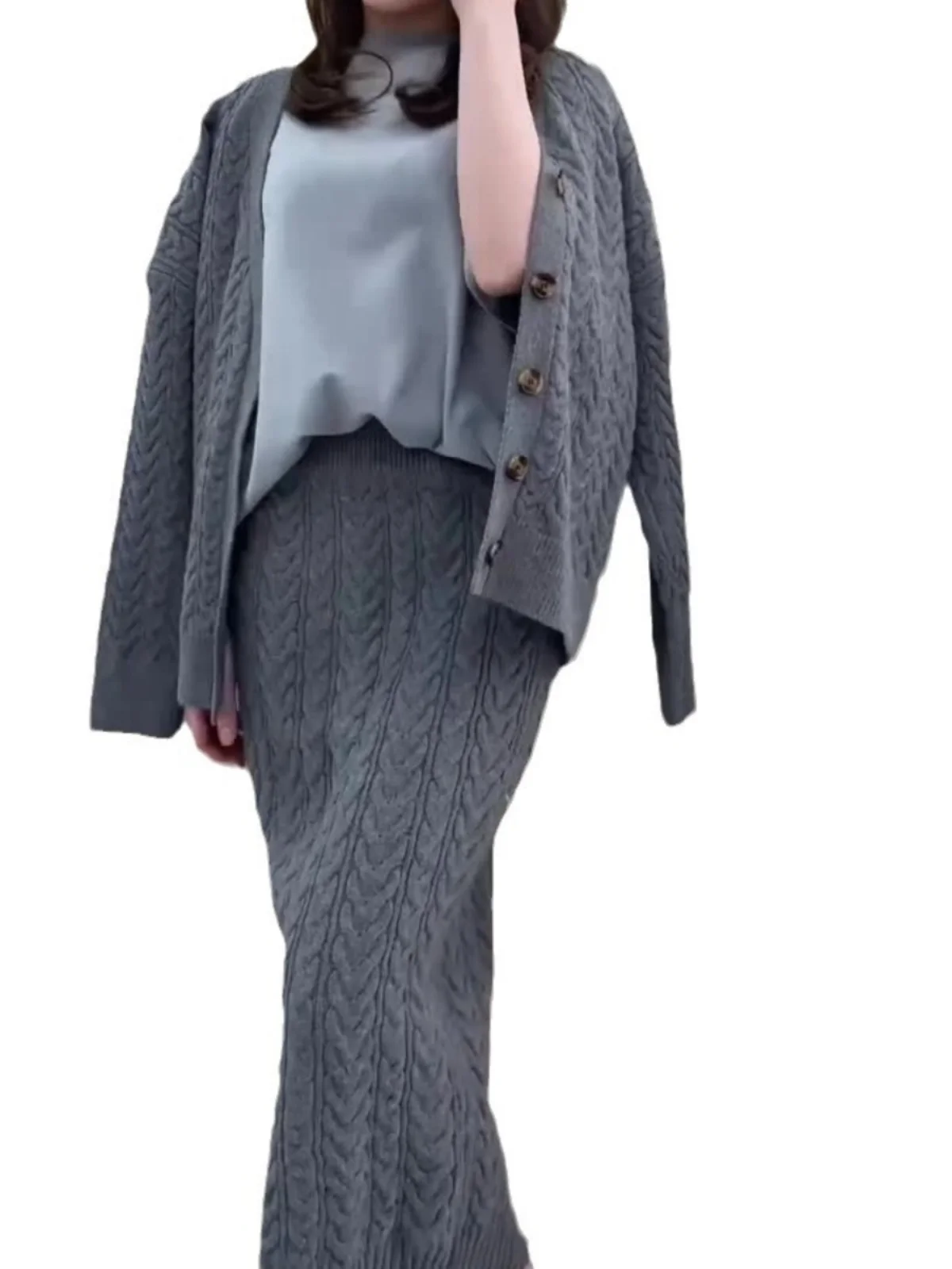 

Loose Knitted Sweater Coat Casual Two-Piece Set Women Winter Long Sve V-Ne Zipper Faion Set Chinese Production