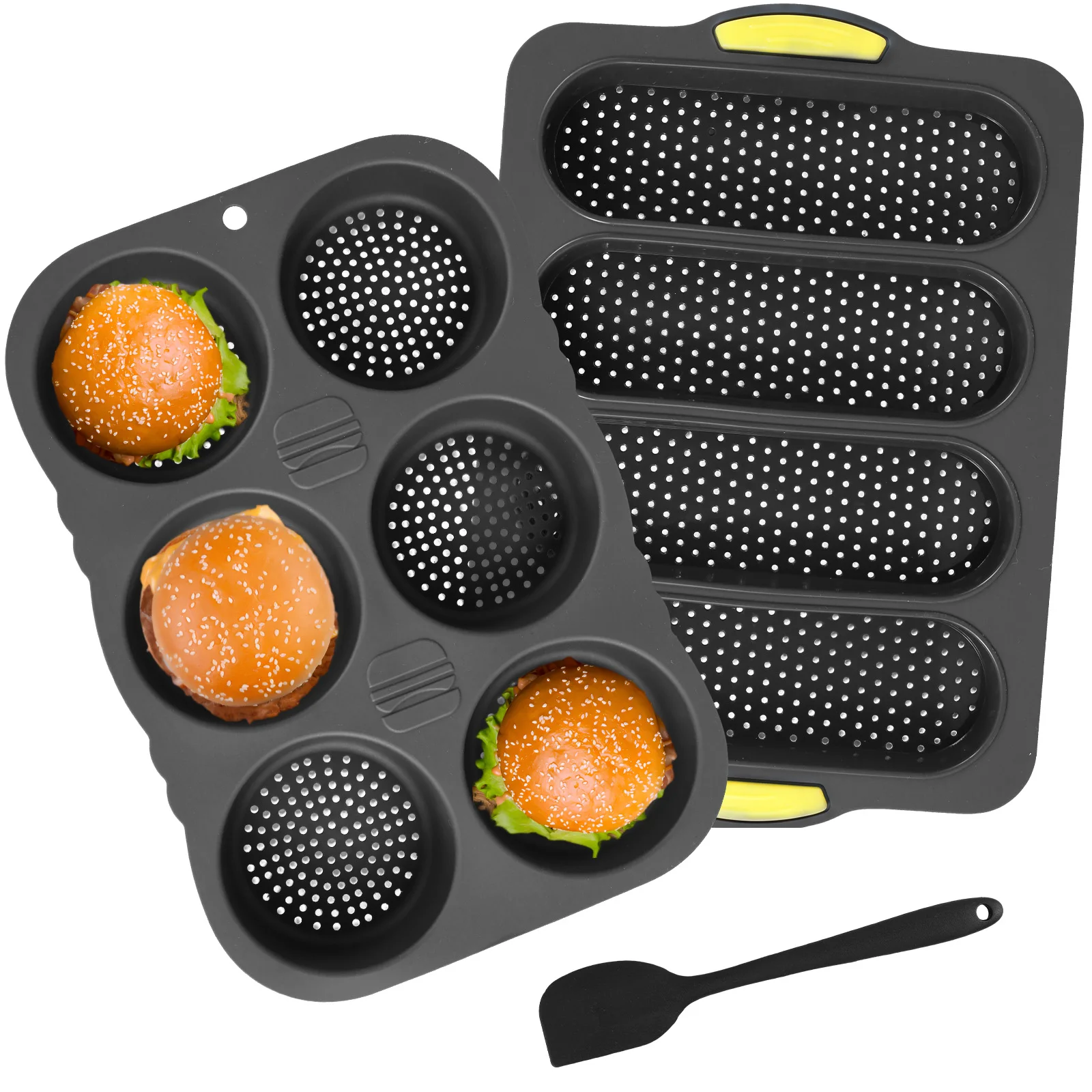 Silicone French Bread Pan and Hamburger Bun Pan Set Easy to Demould Baking Set with Spatula 4 Wave French Bread Baking Tray