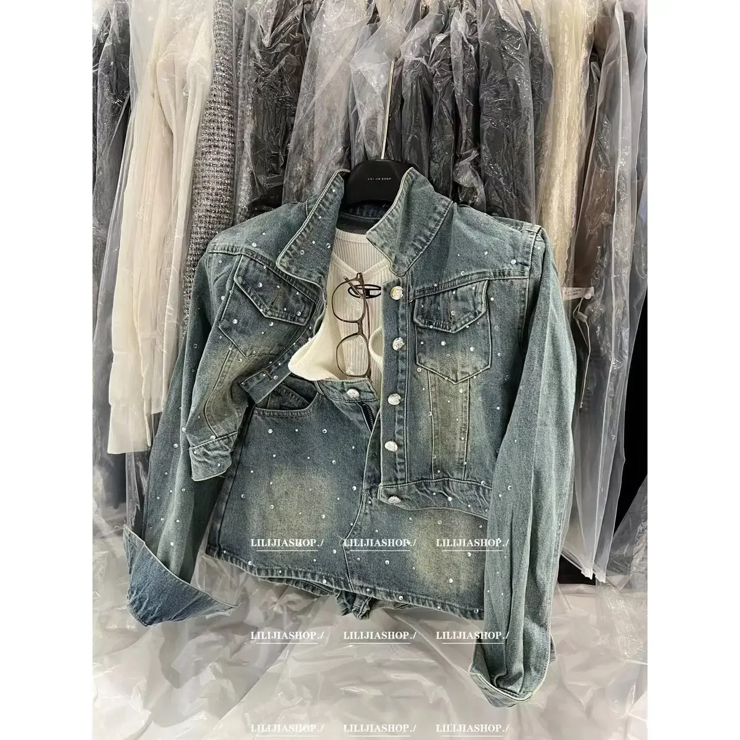 2 Piece Sets Womens Outfits Temperament Denim Jacket Short Heavy Industry Hot Drilling Collar Jeans Skirt Shorts Jupe