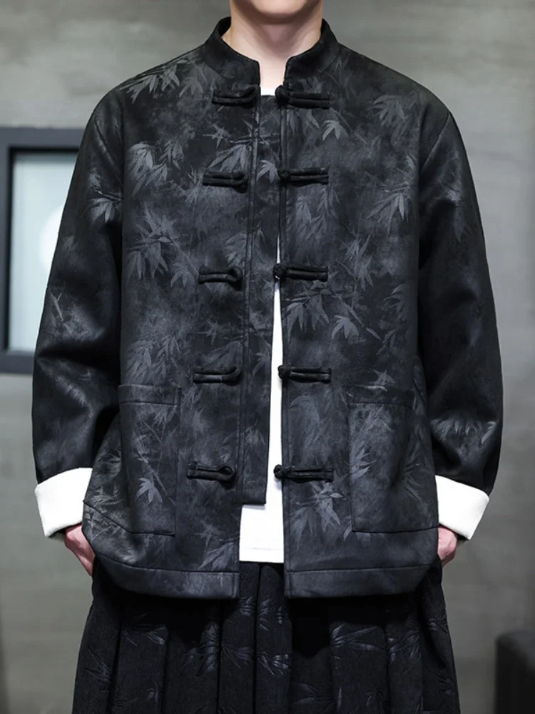 

Men's Suede Jaet Spring Faion Retro Gold Emed Bamboo Le Tang Costume New Chinese Sle Stand Collar Top Improved Hanfu