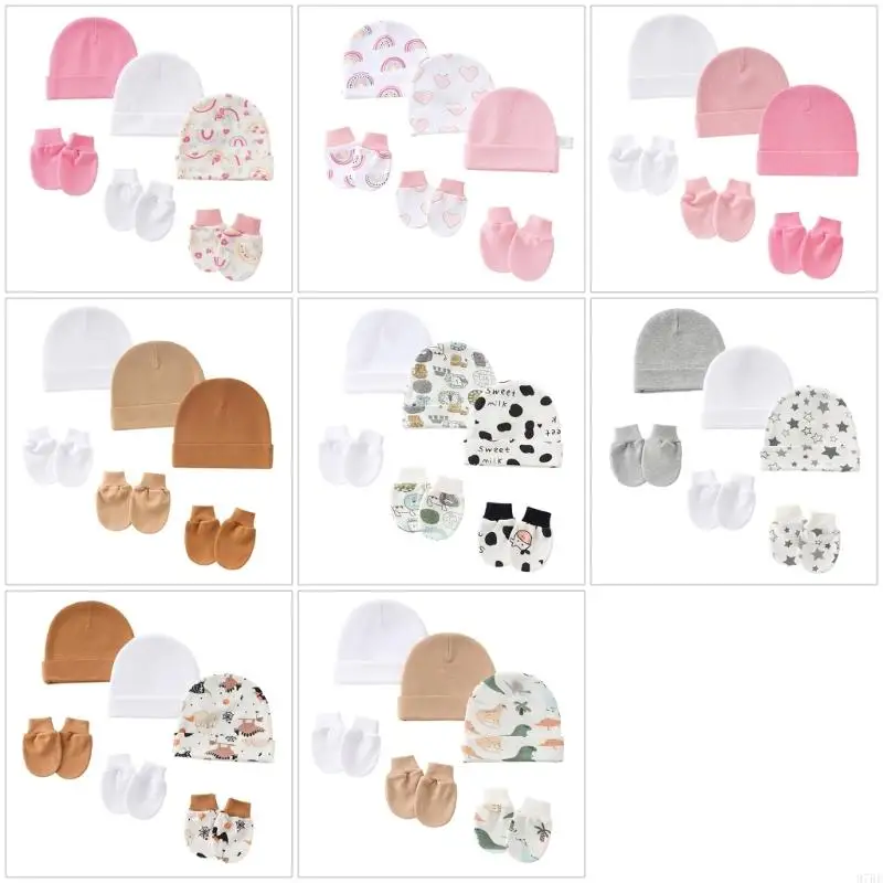 

97BE 3 Set Newborns Stretchy Bonnet Caps and Scratch Proof Baby Mittens Gentle Elastic Edges Comfort Keep Hands Head Warm