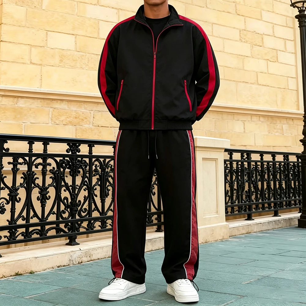 Men's Color Block Tracksuit Red Striped Full Zip Stand Collar Jacket Elastic Waist Drawstring Hem Pants Casual Sports Outfit