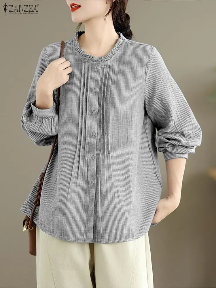 ZANZEA Damskie koszule w paski z marszczeniami, jesień 2025, codzienne bluzki z falbankami, dekolt okrągły, rękawy typu lampion, zapinane na guziki, odzież damska, rozmiary S-3XL