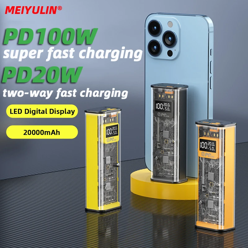 Transparent Power Bank 100W 20000mAh Quick Charger Portable PD20W Fast Charge External Battery for iPhone Xiaomi Samsung Laptop