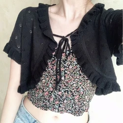 Kawaii kurze lolita Strickjacke Frauen schick aushöhlen Bandage dünne Sonnenschutz Mantel Umhang niedlichen Crop Top schwarz weiß gestrickten Schal