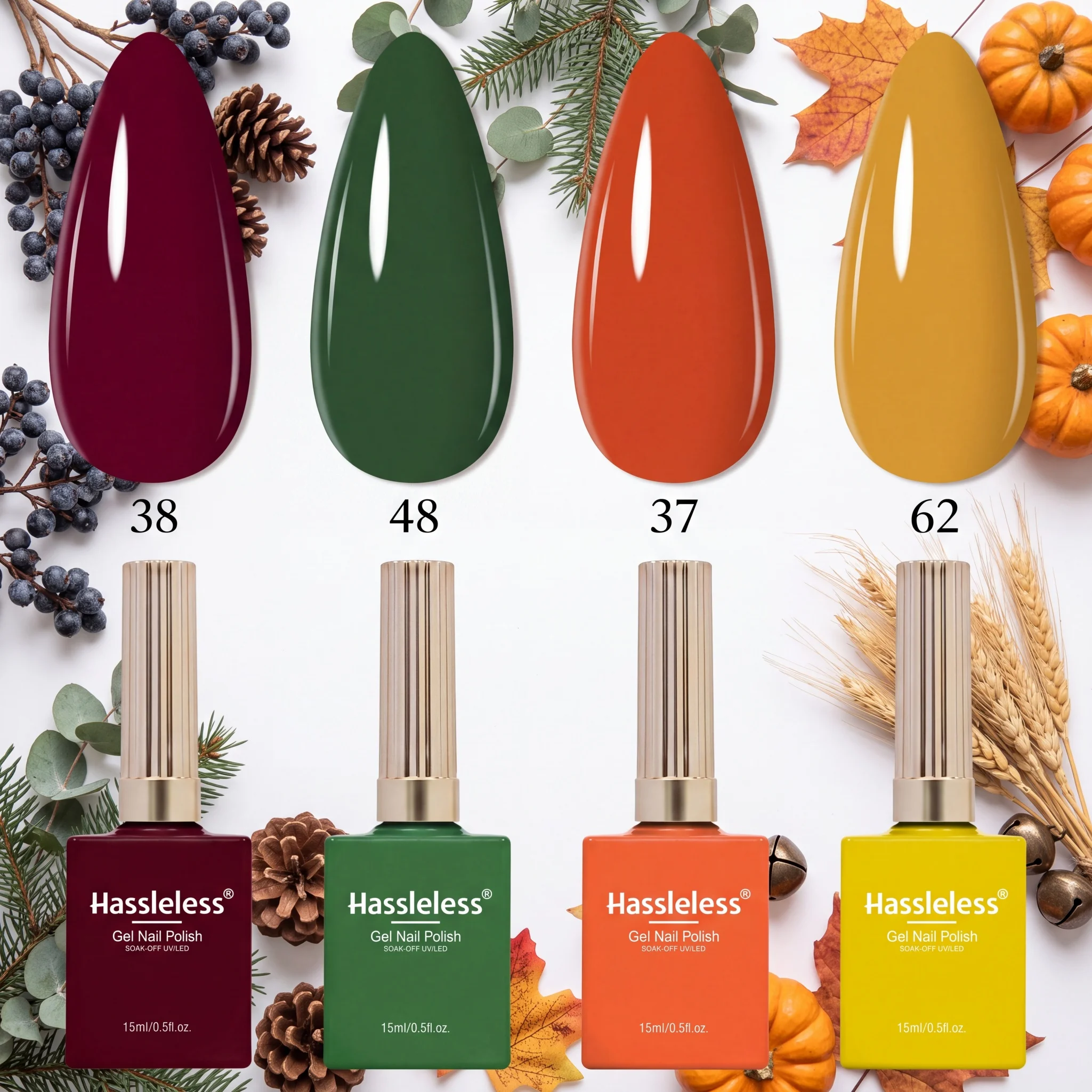 Hassleless 4Pcs Autumn/Winter Harvest 4-Color Nail Art Set, Wine Red, Dark Green, Warm Orange, Ginger Yellow Solid Color Nail Polish, Thanksgiving Party Daily Wear DIY Nail Art Coloring