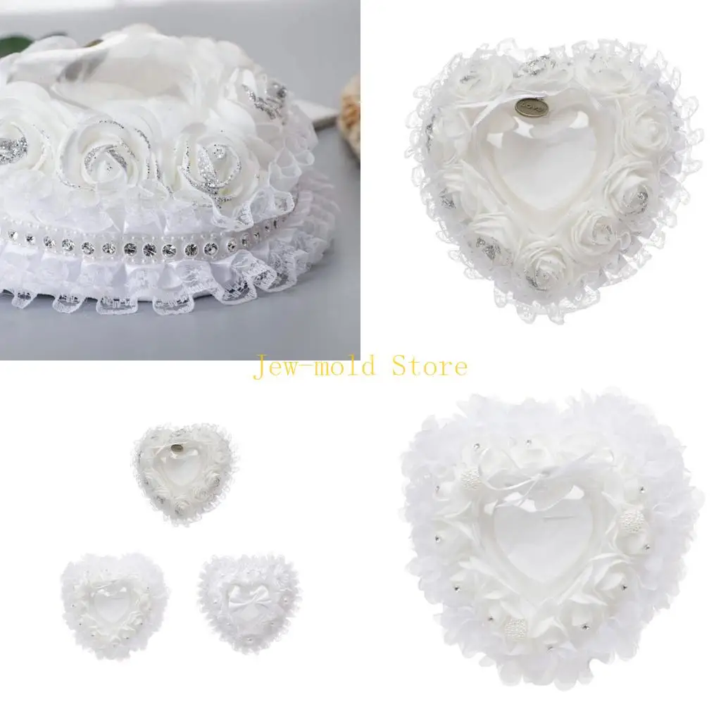 

C71B Держатель для кольца в форме сердца с белым цветком и кружевным бантом Подушка для обручального кольца