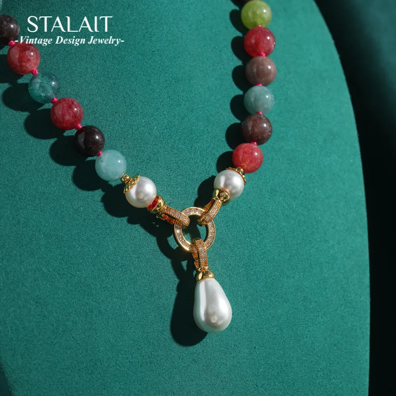 

Vintage Baroque Water Drop Pearl Pendants Beads Necklace Woman Tourmaline Antique Gold Color Luxury Designer Jewelry Wedding New