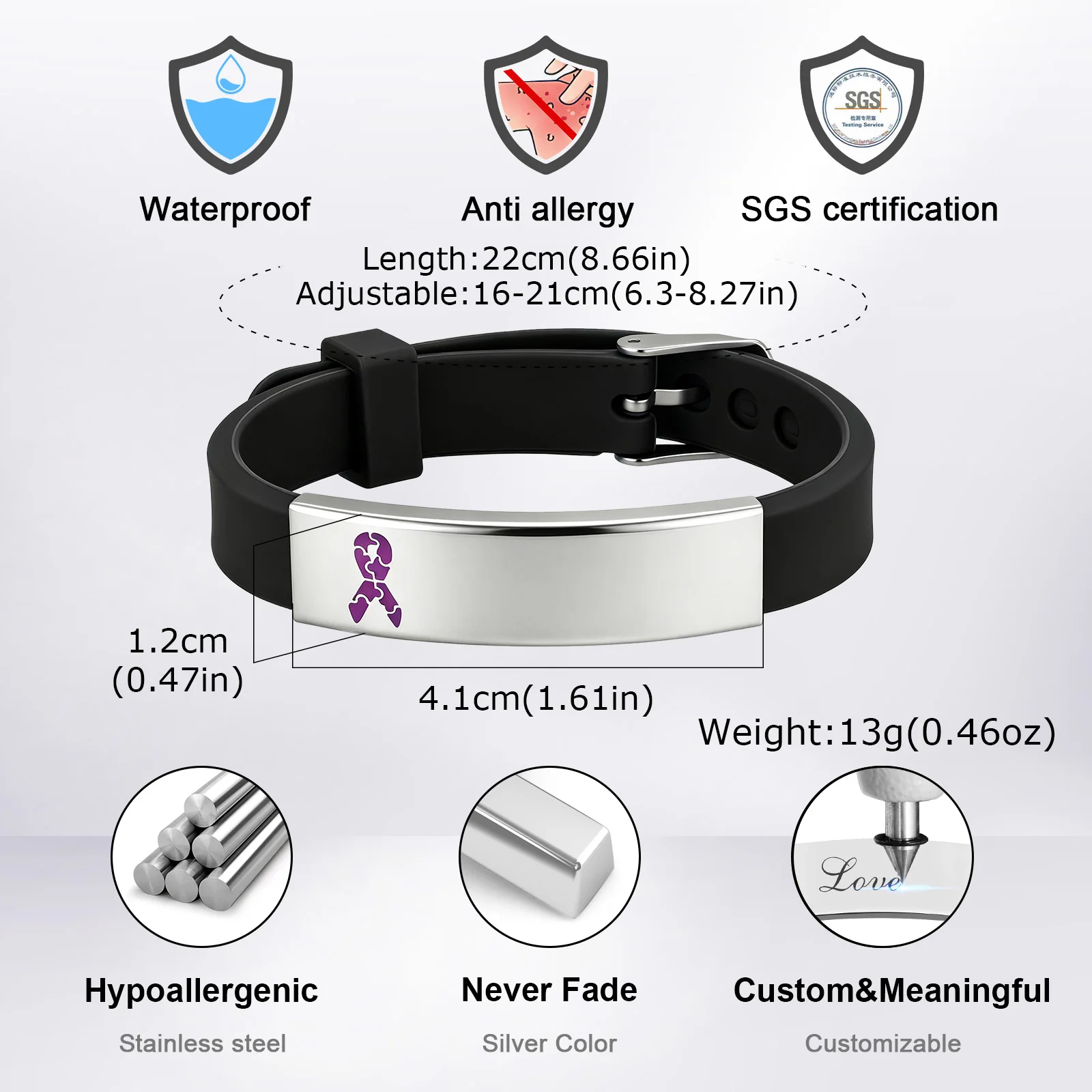 Custom Medical Alert ID Bracelet, Waterproof Adjustable Silicone Emergency Wristband for Autism Alzheimer's Epilepsy Men Women view 2