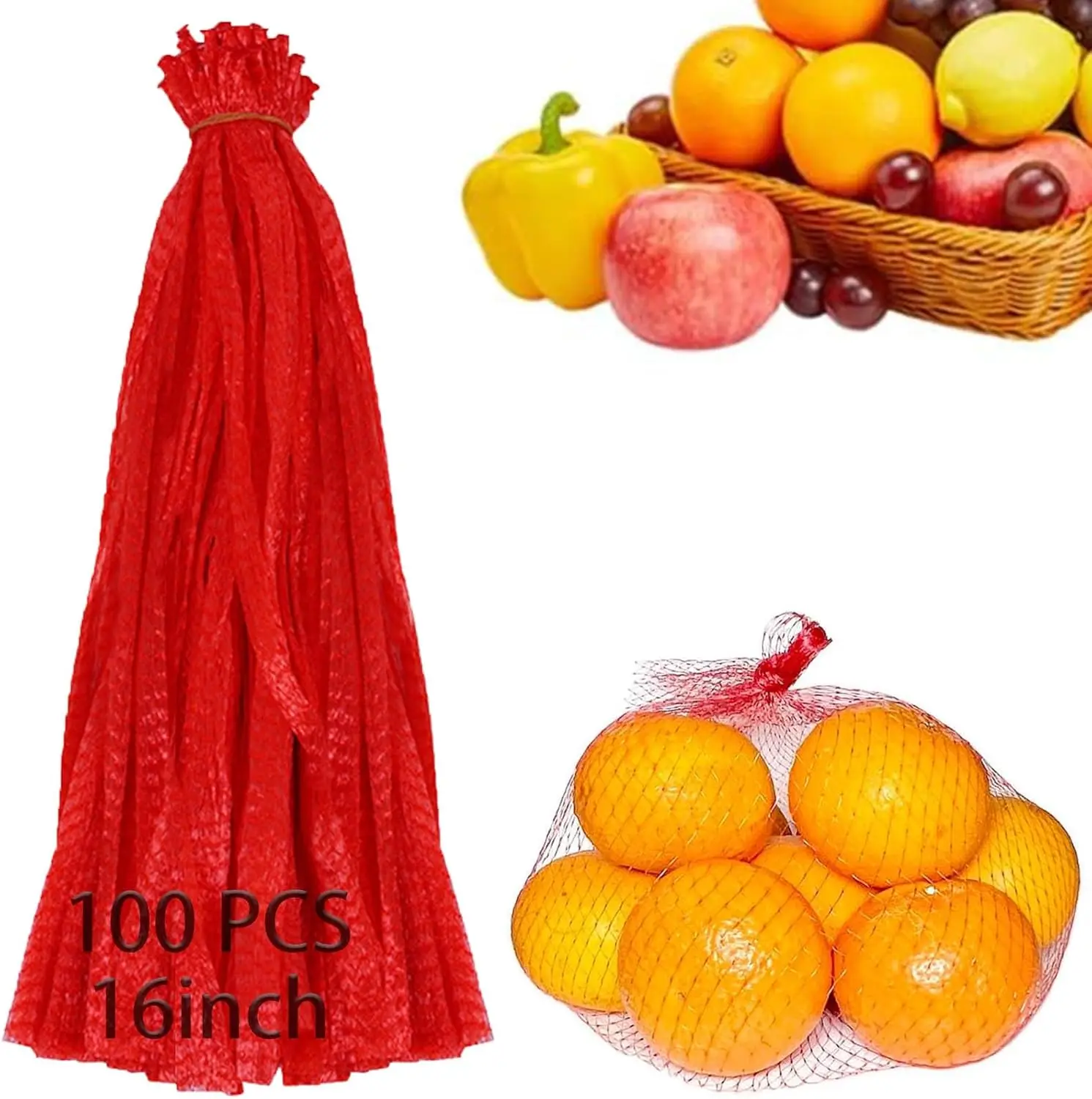 100 Bolsas de Malla Reutilizables para Productos, Bolsas Elásticas de 16 Pulgadas para Almacenamiento de Verduras, Frutas, Cebollas, Patatas y Mariscos (Rojo)