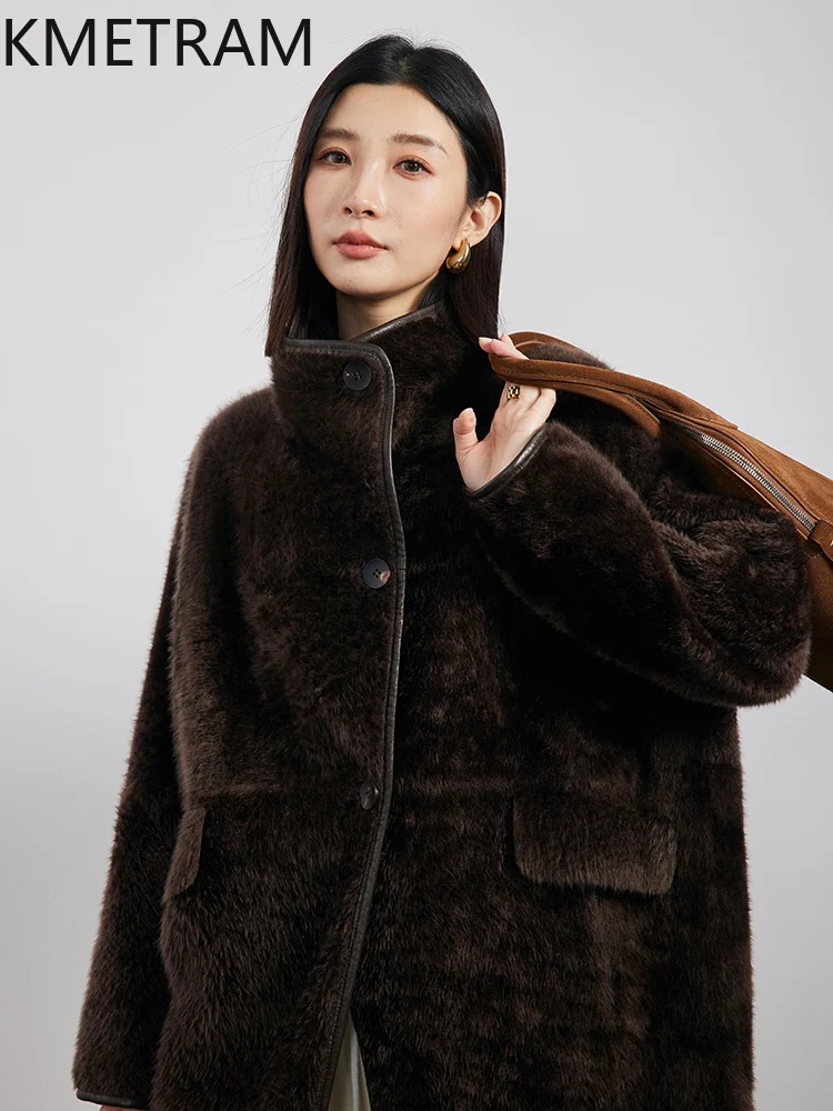 Natural Merino Wool Sheepskin Double Faced Fur Jacket Woman Dark Brown Mid Length Real Fur Coat 2025 Winter Clothes Women шуба