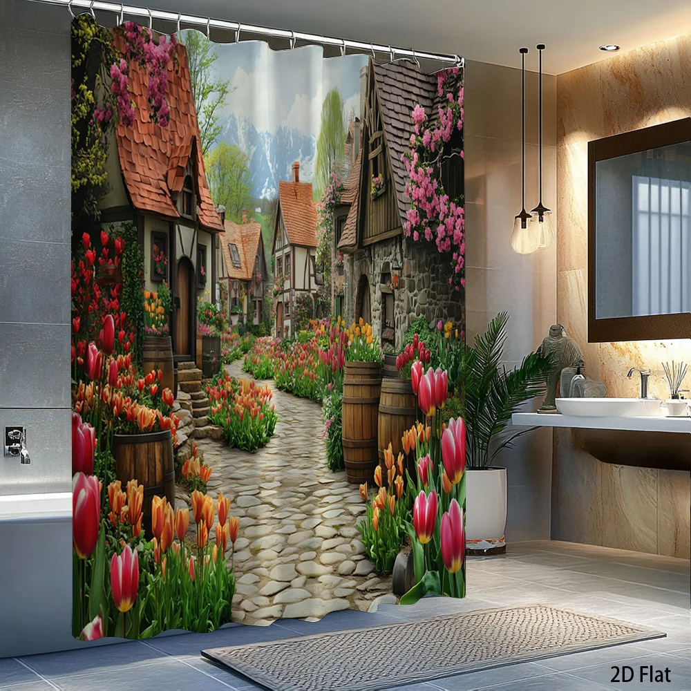 Vibrant Floral European Village Cottagecore Shower Curtain Polyester Waterproof Bathroom Decoration Spring Decor
