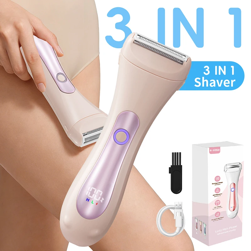 Electric Lady Shaver IPX7 Waterproof 3-in-1 Painless Full-Body Hair Removal Device with Digital Display Screen for Women