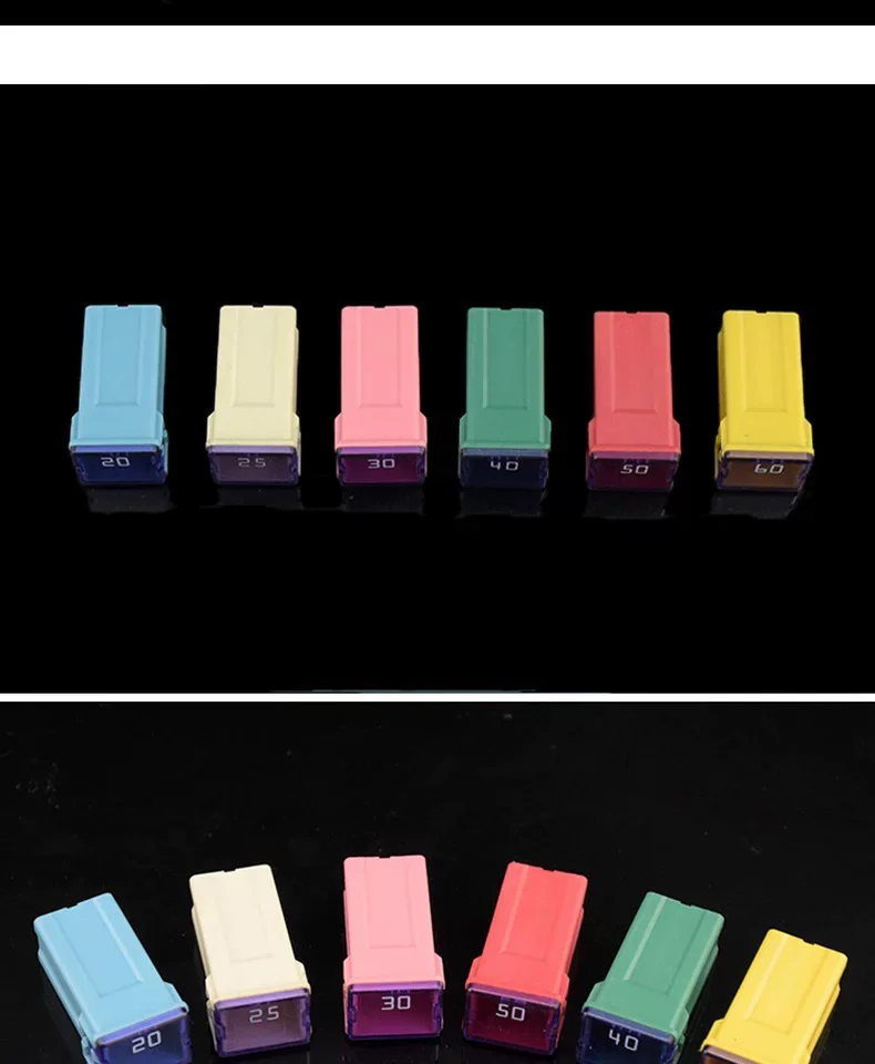 Automobile fuse with long square terminals, rated at 20A, 30A, 40A, 50A, 60A. Suitable for Ford vehicles.