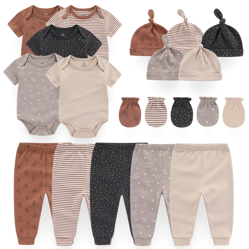 Unisex cor sólida algodão roupas conjuntos, bodysuits desenhos animados, calças, luvas, chapéus, impressão, recém-nascido, bebé, menina