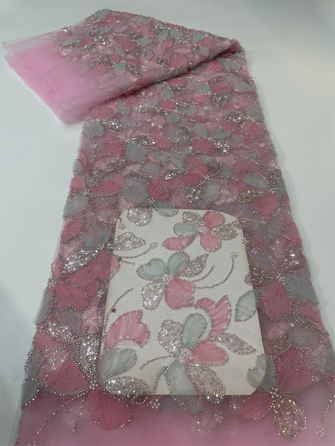 قماش دانتيل مطرز بالكامل ثلاثي الأبعاد مع ترتر قابل للتمدد، JIT جاهز للشحن لفساتين الحفلات وحفلات الزفاف وحفلات السهرة