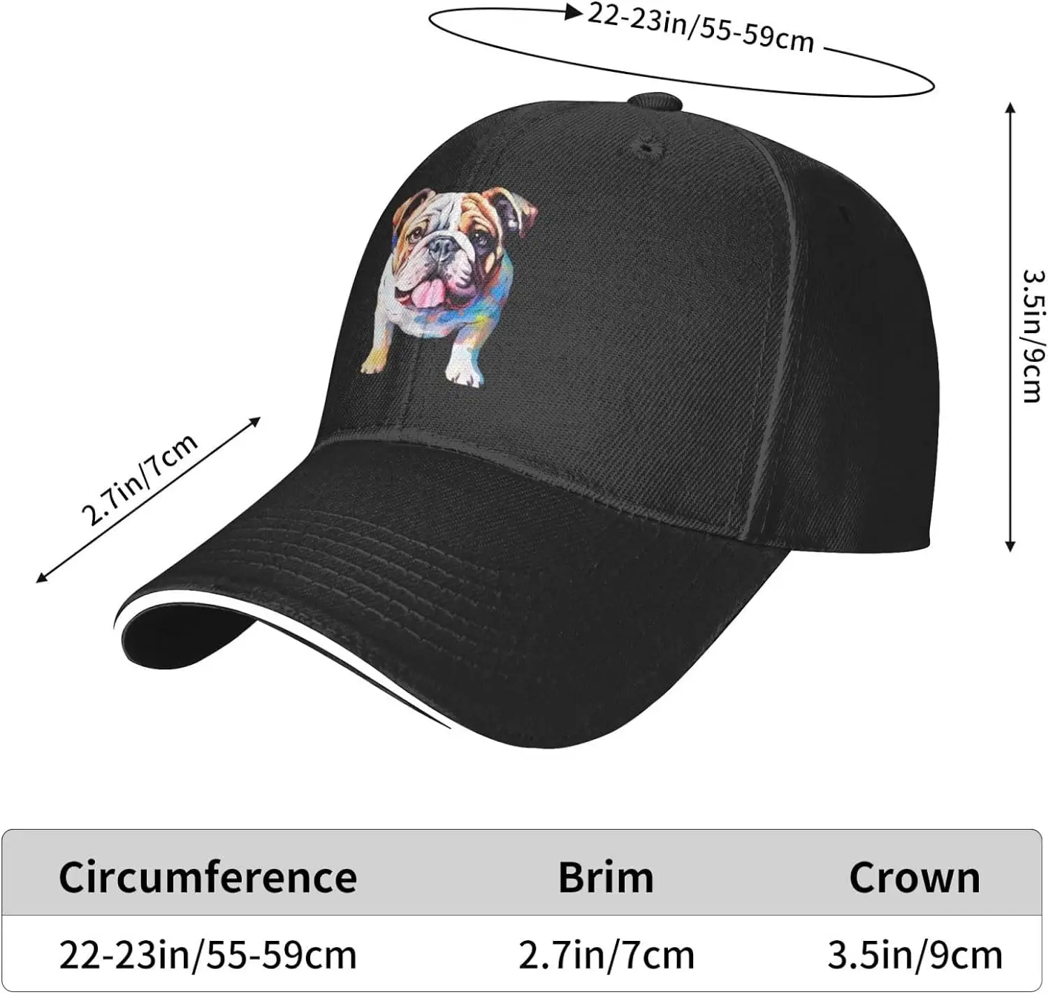 Regulowana czapka z daszkiem English Bulldog Premium dla mężczyzn i kobiet - sporty na świeżym powietrzu, ochrona przed słońcem w kolorze czarnym