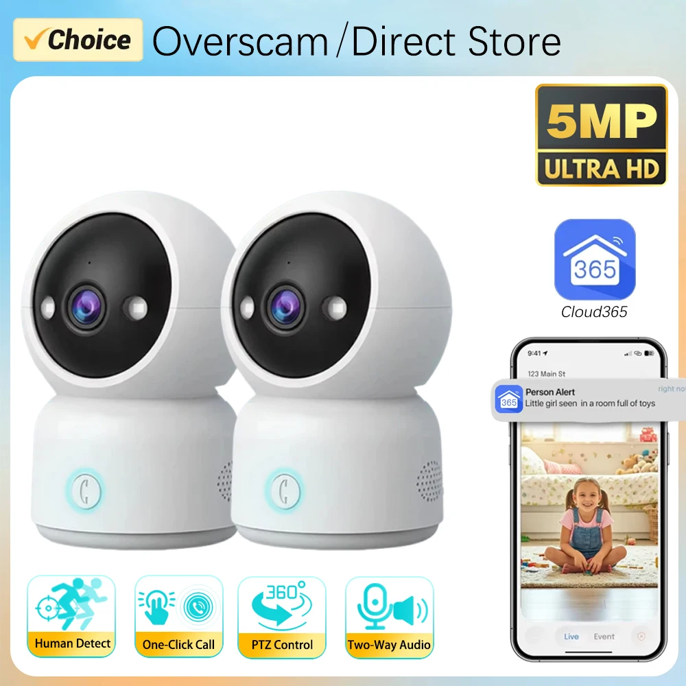 One-Click Call 5MP Video PTZ Camera With Button Auto Tracking Full Color Night Vision Home Security Baby Monitor Cloud365