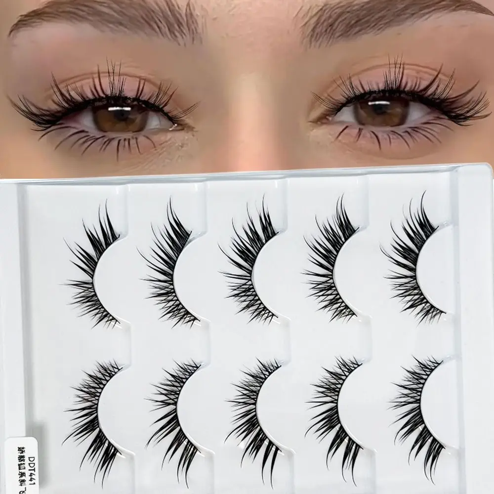 5 Pairs Wispy Cat Eye False Eyelashes Long Natural Black Thin Band Foxy Eye Lashes 7-13mm Fake Lashes Eye Extension