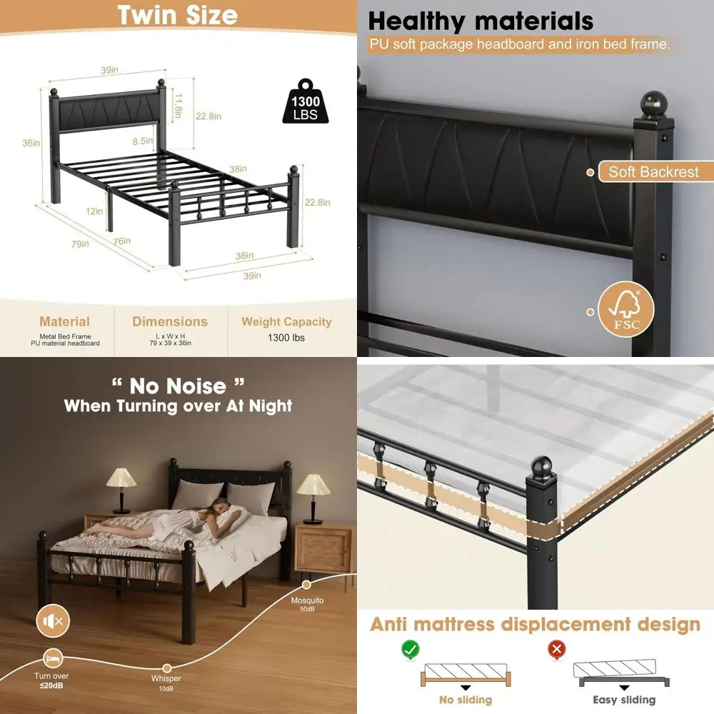 

Heavy-Duty Metal Twin Bed Frame with Headboard, Noiseless, Supports 1300lbs, No Box Spring, 12 Storage, Easy Assembly, Black