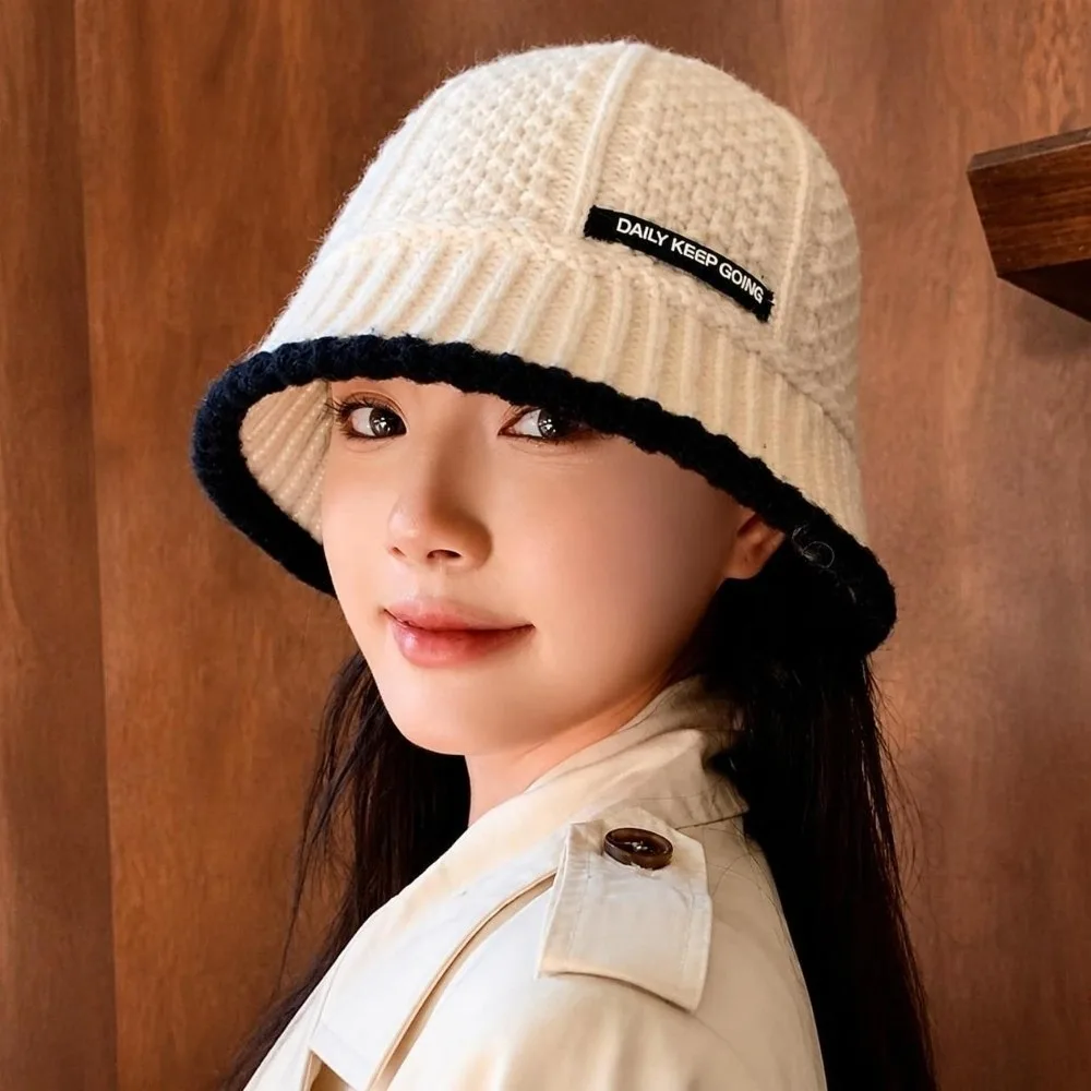 Minimalist Polyester Fiber Knitted Bucket Hat Warm Korean Style Wool Basin Cap Windproof Solid Color Yarn Bucket Cap Daily