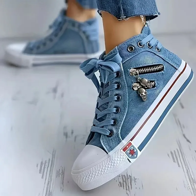 Women\'s Shoes Fashion Denim Casual Shoes Skull Metal Decoration Womens Flat Sneakers Vintage High Top Women Vulcanized Shoes 운동화