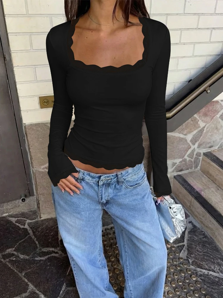 เสื้อยืดแขนยาวแต่งลูกไม้สไตล์สตรีทแวร์ Y2K สำหรับผู้หญิง เสื้อผ้าลำลองแฟชั่น คอเหลี่ยม ทรงเข้ารูป สีชมพู