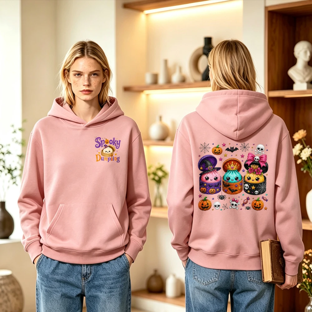 Cute Spooky Dumpling Hoodie Pink Halloween Ghost Witch Hat Pumpkin Graphic Pullover Cozy Women Unisex Fall Winter Tops Gift