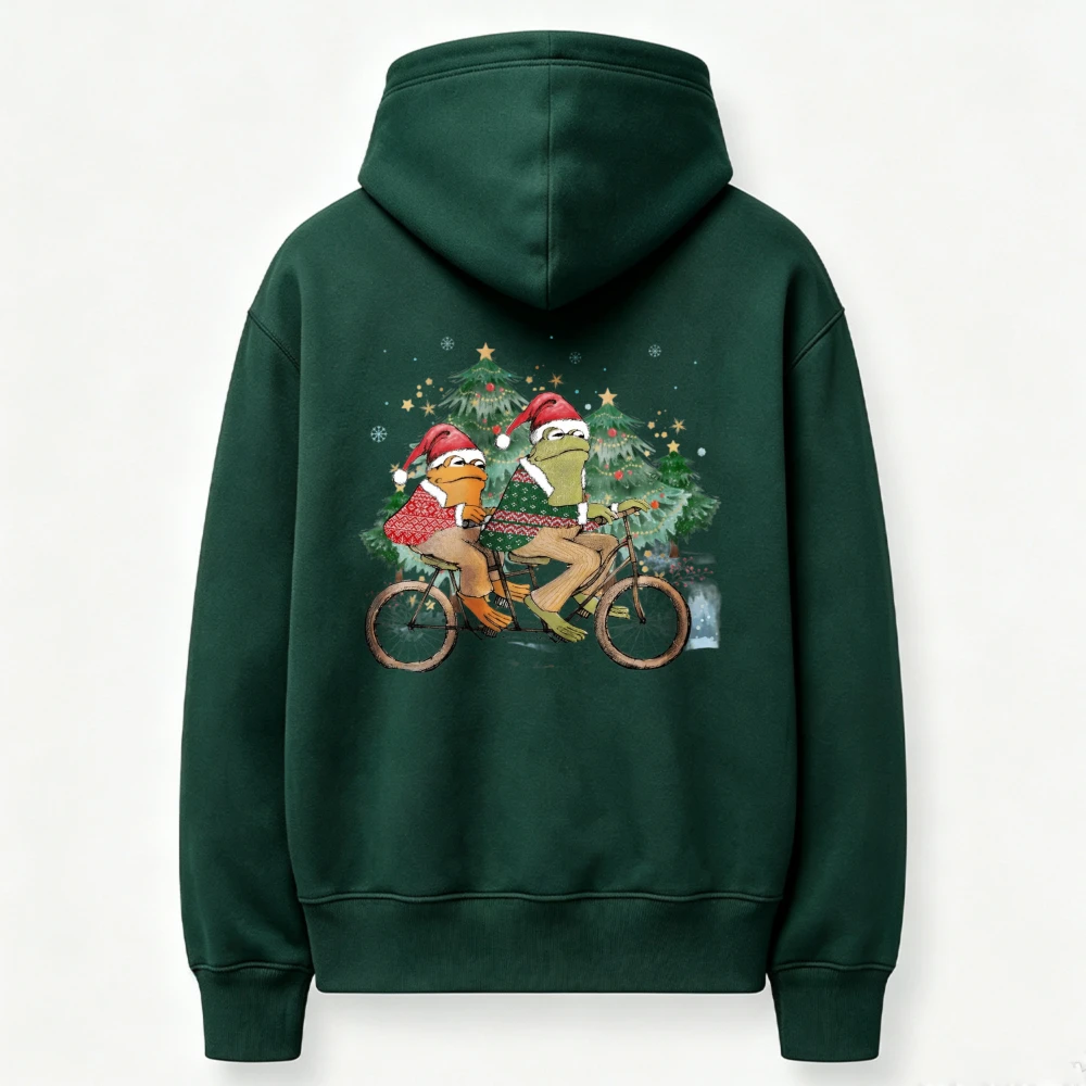 Christmas Frog Bicycle Graphic Sweatshirt Cute Santa Hat Frog Xmas Tree Print Long Sleeve Fall Winter Holiday Casual Hooded Tops