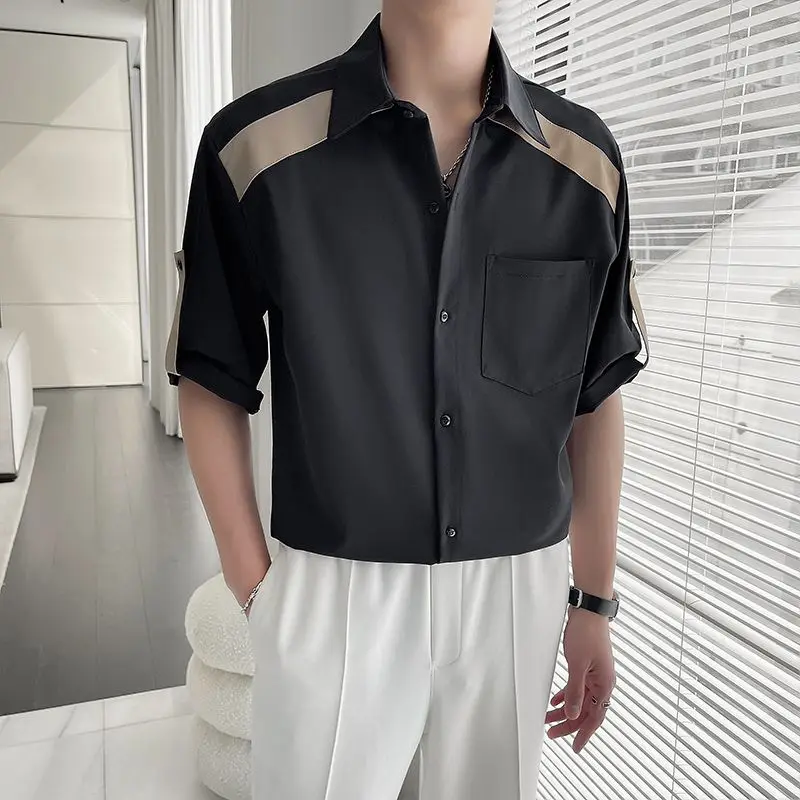 Summer New Turn-down Collar Fashion Half Sleeve Shirt Man High Street Casual Button Cardigan Y2K All-match Contrast Color Blouse