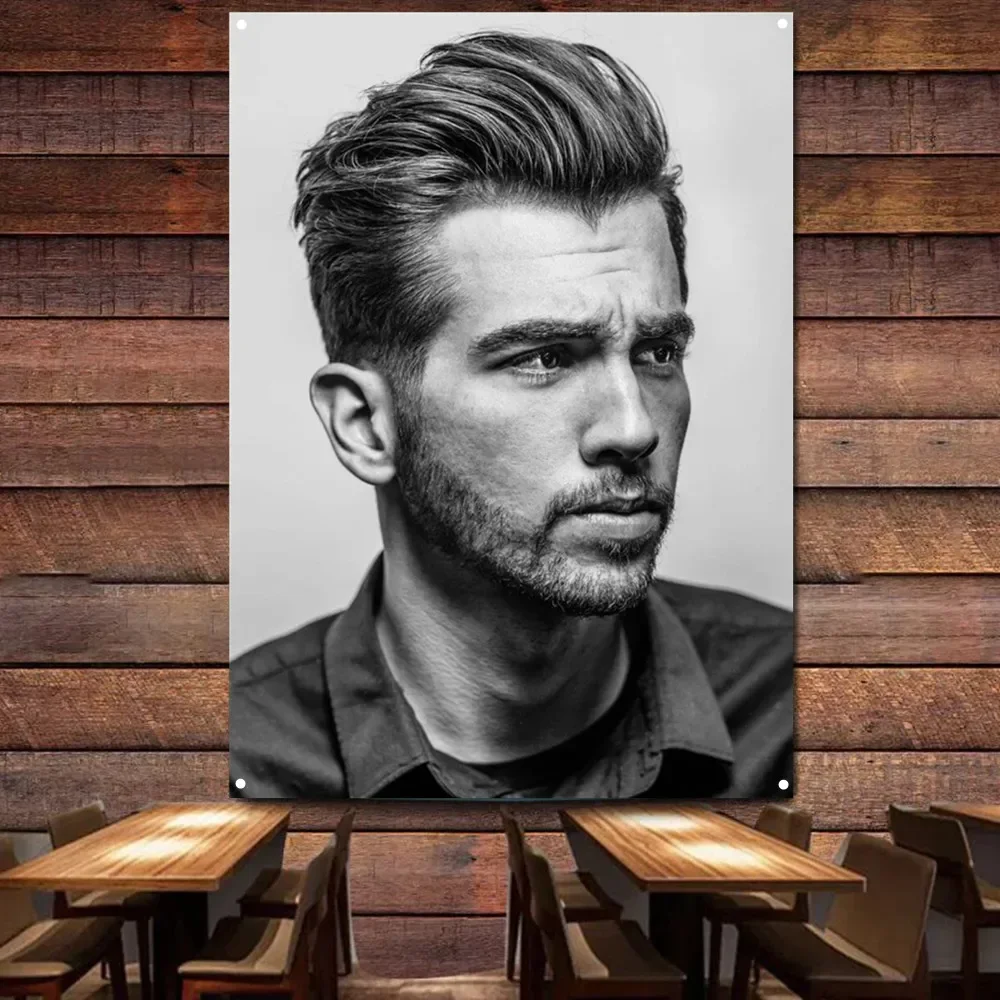 Semi long and Slicked Back Hairstyle for Men Wall Art Poster Vintage Barber Shop Wall Decor Banner Flag Haircut & Shave Tapestry