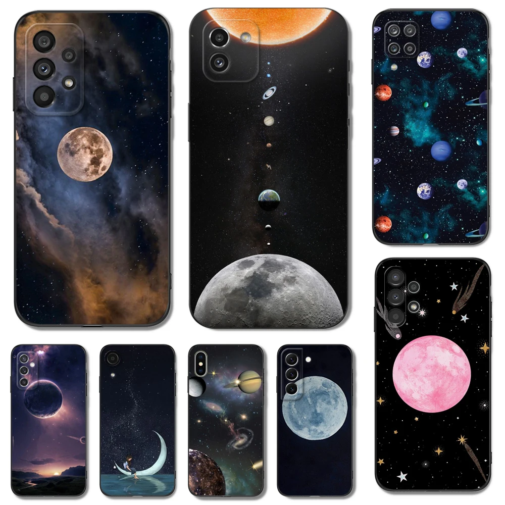 Black tpu Case For Samsung galaxy A54 A34 A14 5G A04 NOTE 20 10 9 PLUS ultra+ cover Space Love Moon